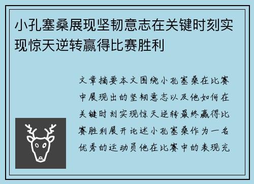 小孔塞桑展现坚韧意志在关键时刻实现惊天逆转赢得比赛胜利