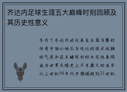 齐达内足球生涯五大巅峰时刻回顾及其历史性意义