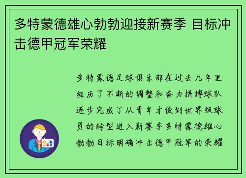 多特蒙德雄心勃勃迎接新赛季 目标冲击德甲冠军荣耀